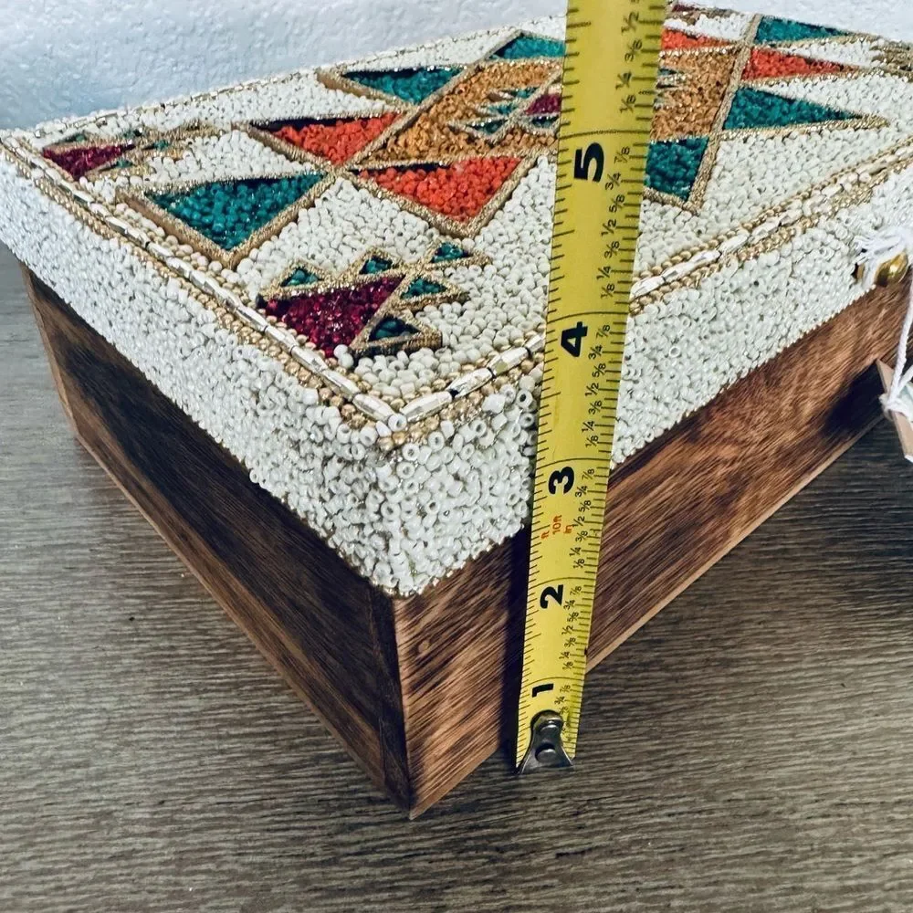 Southwest Western Aztec Tribal Beaded Teal Orange Gold Decor Storage Box
